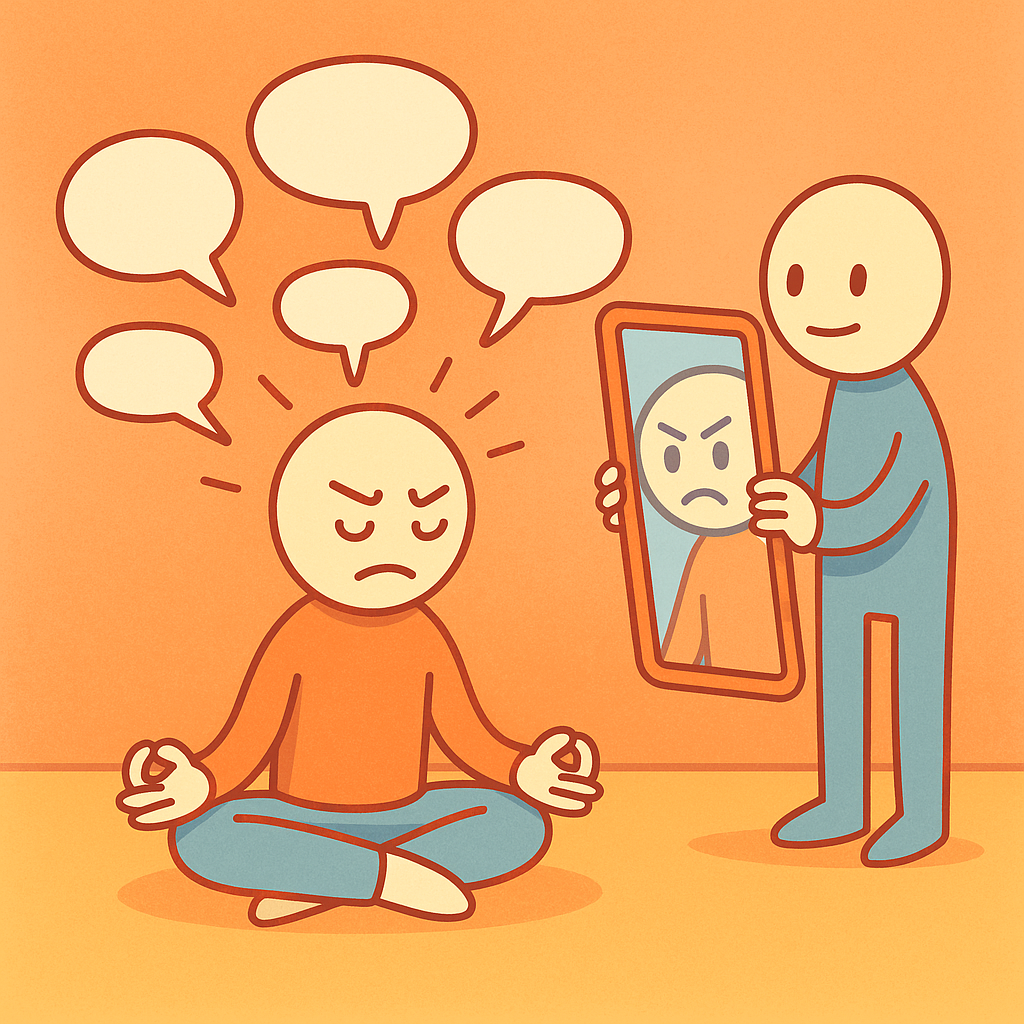 Cartoon-style illustration of a frustrated character sitting in meditation, surrounded by speech bubbles, while another character holds up a tilted mirror showing the same frustrated expression.