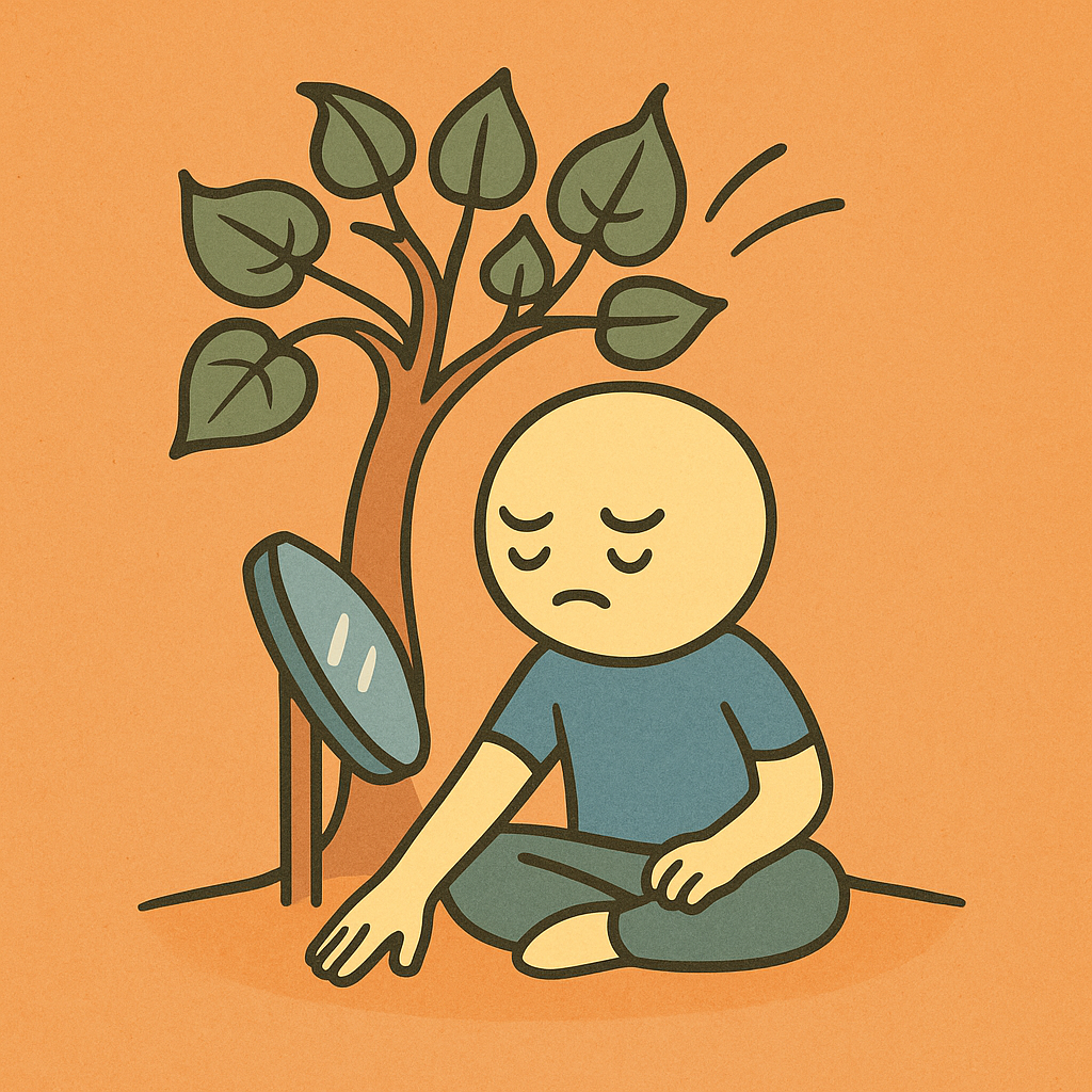 Cartoon-style illustration of a meditating character touching the ground with one hand under a Bodhi tree